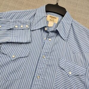 Ruddock Western Shirt Mens 44 Blue Stripe Pearl Snap Long Sleeve USA Cowboy